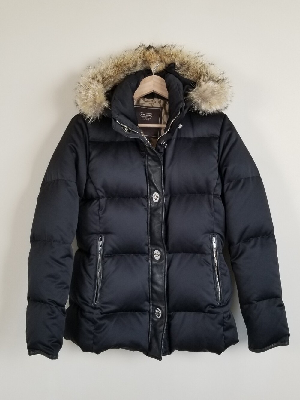 Coach Down Puffer Coat Hooded Faux Fur Trim Size XS